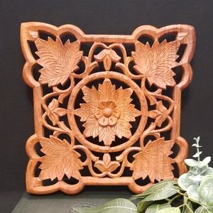 Vintage Hand Carved Wooden Footed Floral Design koTrivet Hotplate ~ India
